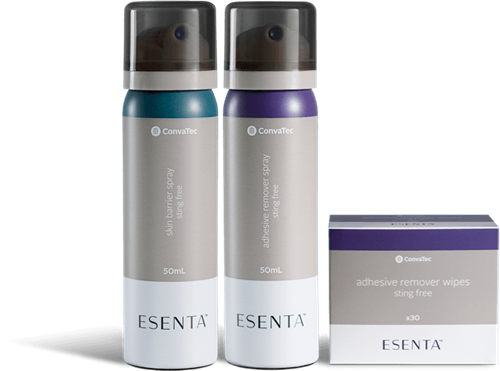 ESENTA™ banner: Skin Barrier Spray 50ml, Adhesive Remover Spray 50ml, Adhesive Remover Wipes x25.